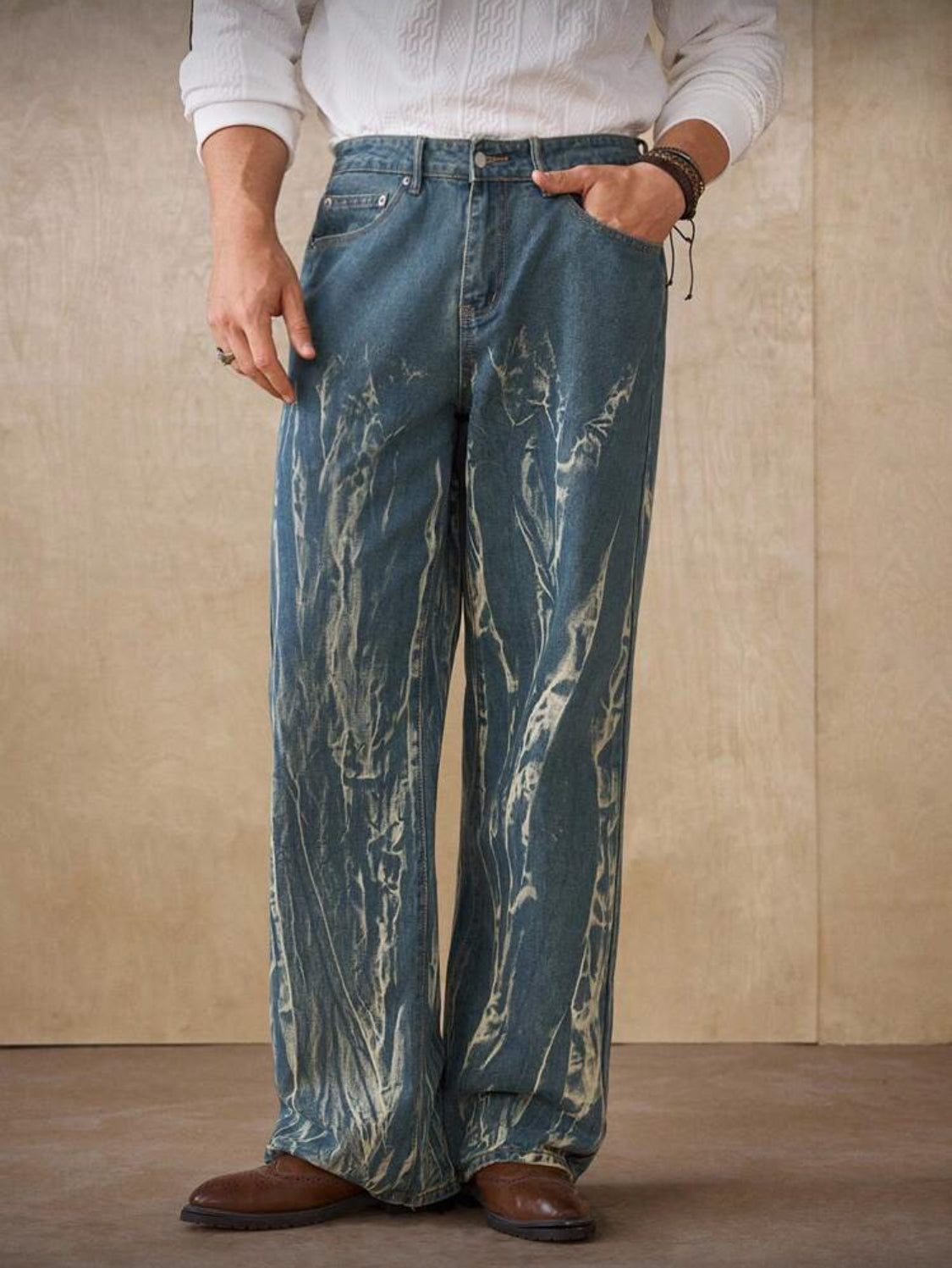 RivetRise Jeans rectos para hombres con lavado desgastado azul-verde, estilo casual de calle, primavera/verano