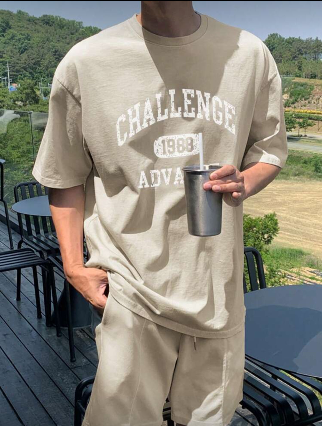 DAZY Conjunto de camiseta de manga corta con estampado de letras y pantalones cortos para hombres