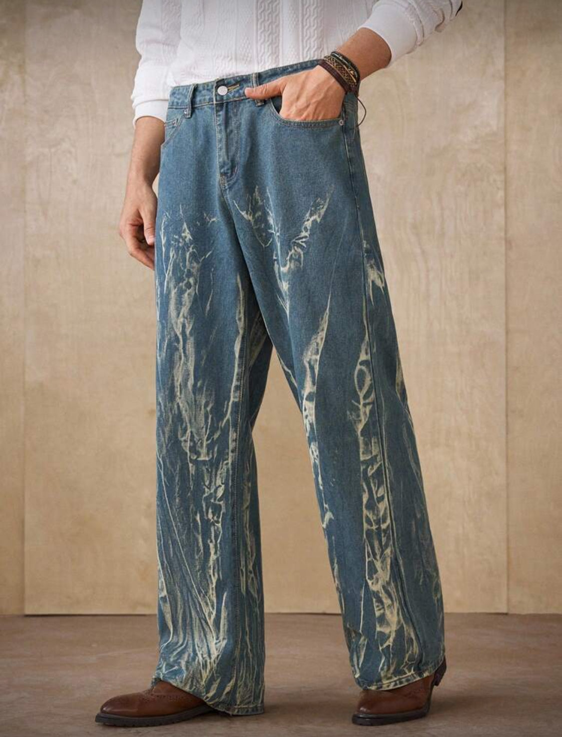 RivetRise Jeans rectos para hombres con lavado desgastado azul-verde, estilo casual de calle, primavera/verano
