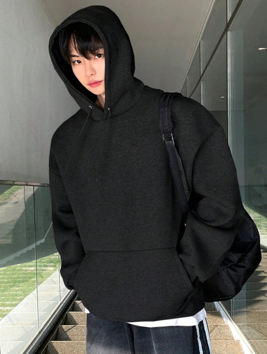 DAZY Sudadera casual holgada de hombre con manga larga, hombros caídos, bolsillo canguro y unicolor, otoño