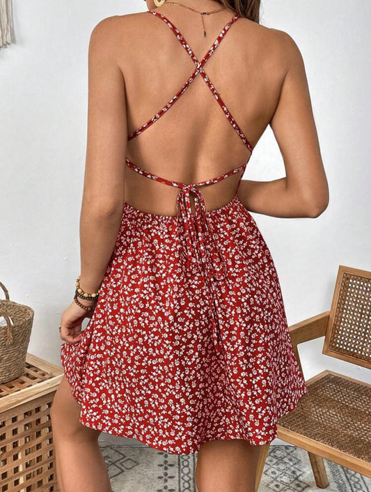 SHEIN WYWH Vestido de tirantes floral con tira cruzada de espalda abierta con cordón