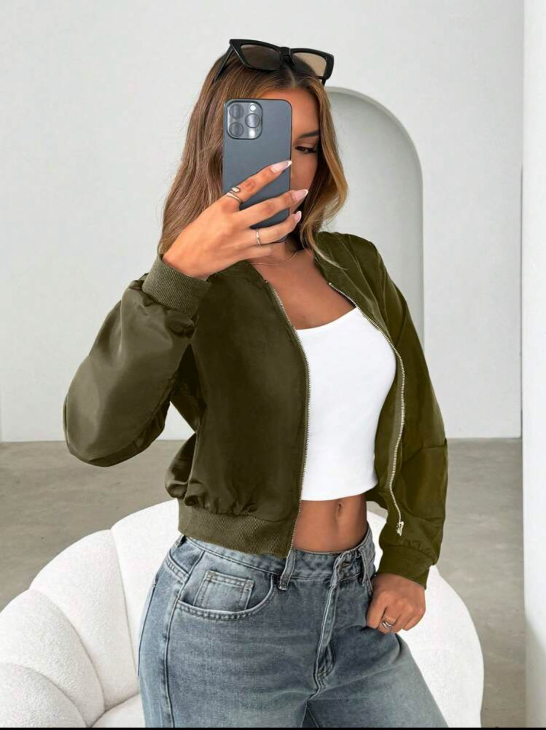 SHEIN Essnce Cazadora bombardero unicolor con cremallera