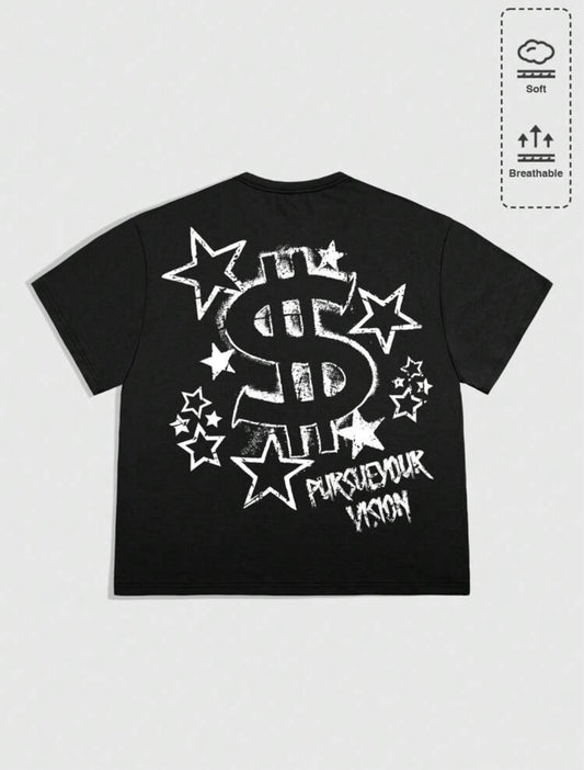 ROMWE MEN Street Life Camiseta de manga corta informal para hombres con estampado de letra y pentagrama