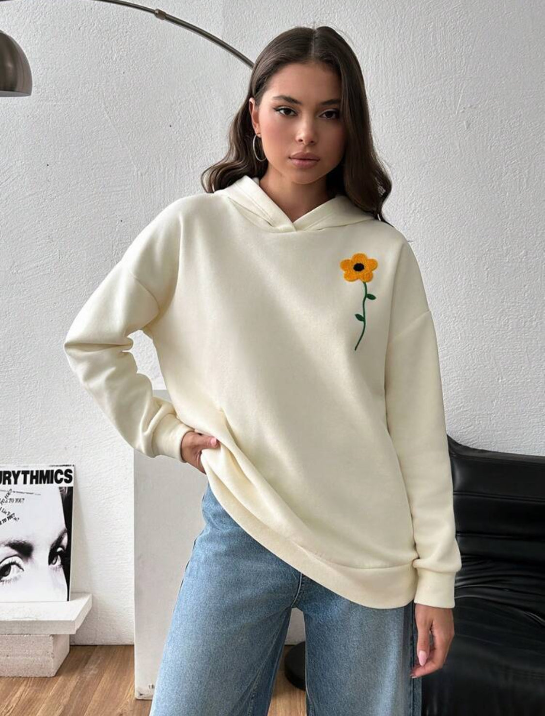 Cottnline Sudadera oversize de algodón BEIGE CON DETALLES BORDADOS