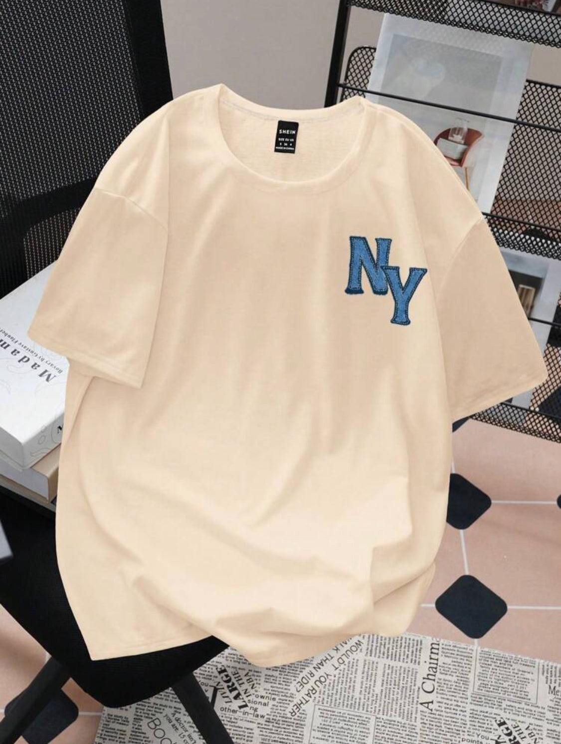 Remera Oversize SHEIN EZwear Camiseta de mujer de verano ajustada de manga corta, cuello redondo, con estampado del logo de NY, de corte holgado