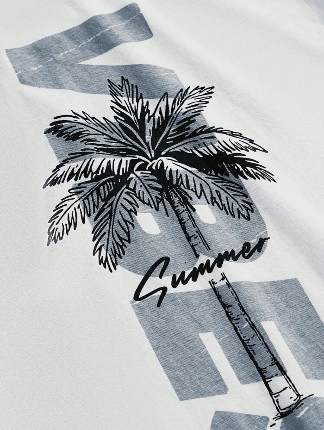 Remera Oversize Manfinity Chillmode Camiseta casual de manga corta con cuello redondo, estampado gráfico de árbol de palma y texto para hombres en verano, regalo para novio, para salir