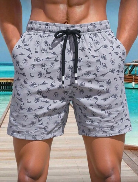 Manfinity Swimmode Pantalones cortos de playa con estampado total para vacaciones, ropa de playa para hombres, trajes de pantalones cortos de playa, ropa de playa, ropa de playa casual para exteriores, pantalones cortos de playa hawaianos