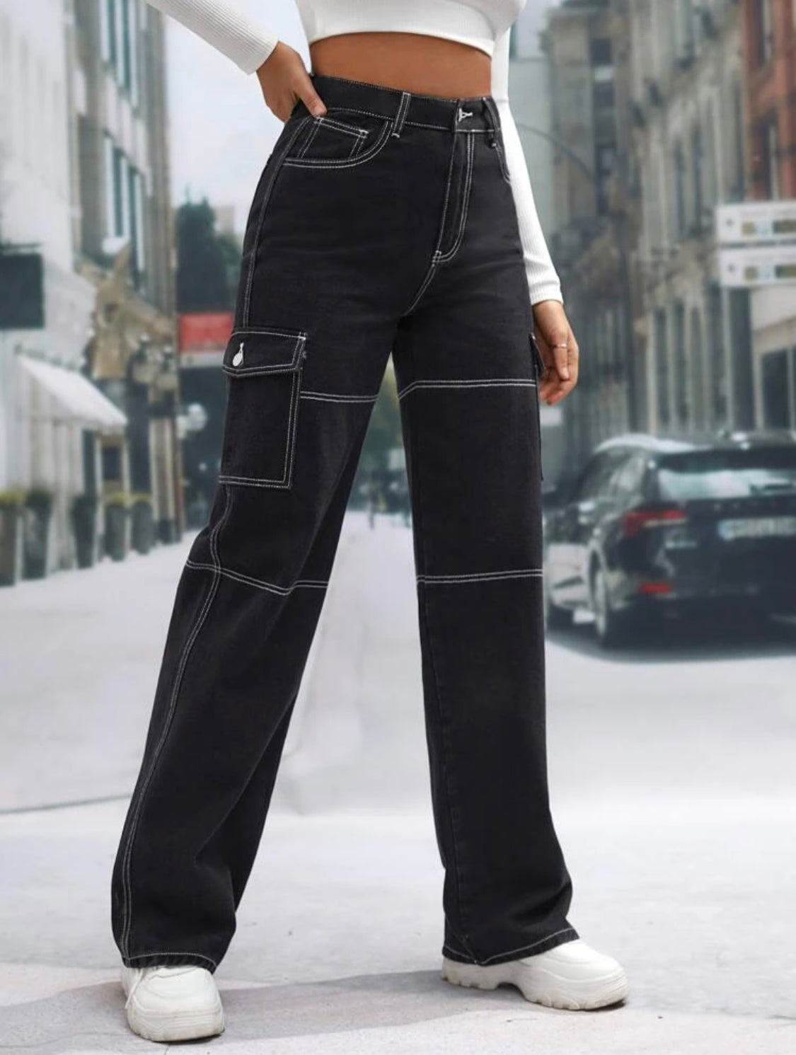 SHEIN Tall Jeans de talle alto con bolsillo con solapa puntada