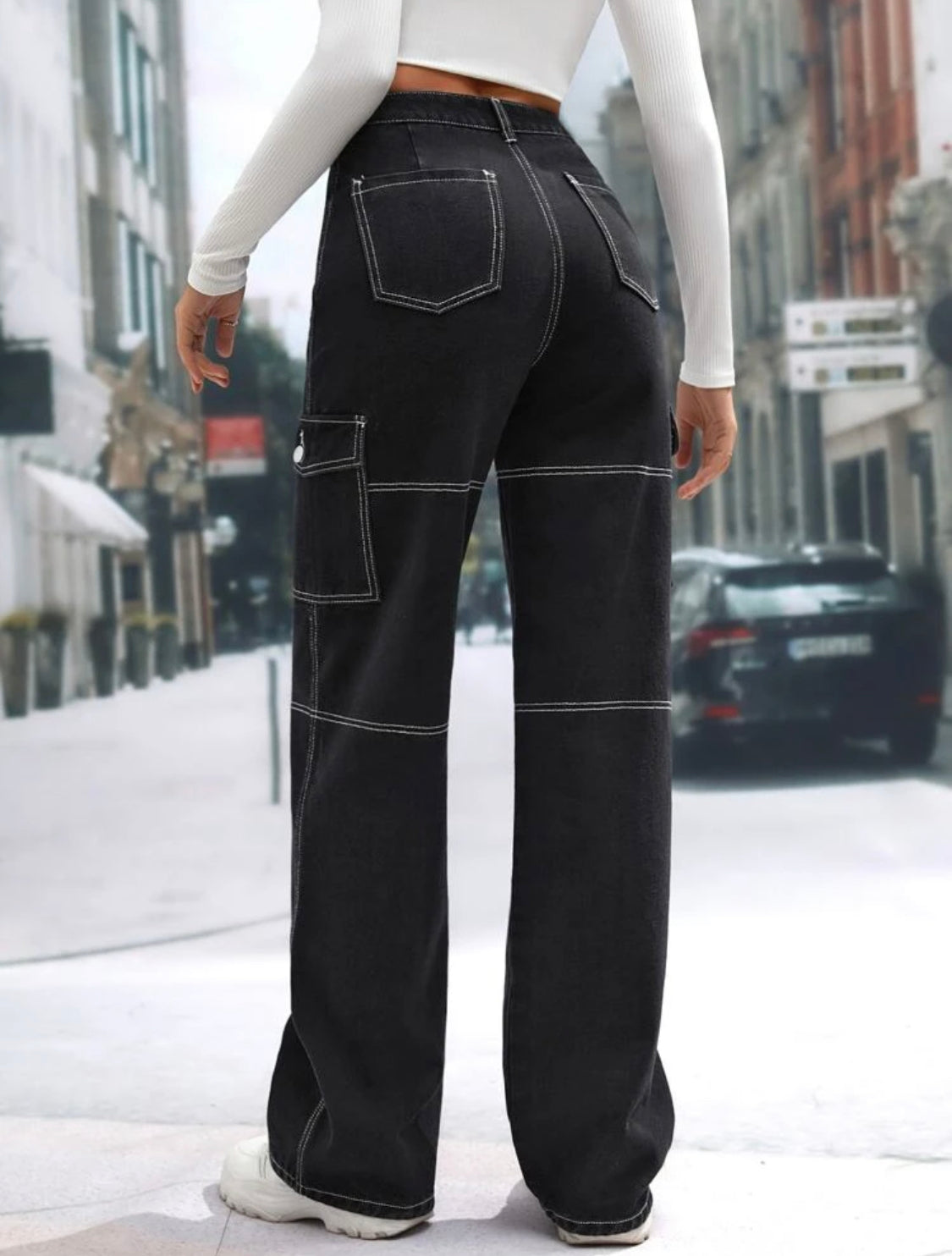 SHEIN Tall Jeans de talle alto con bolsillo con solapa puntada