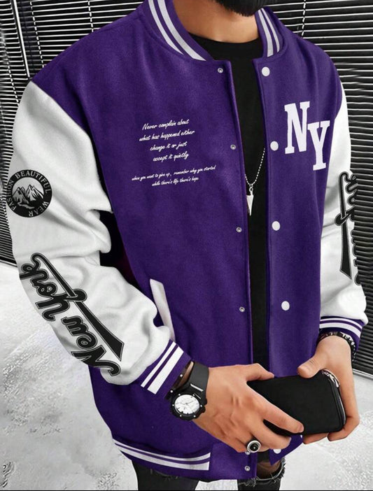 Manfinity Homme Chaqueta de béisbol universitaria de dos tonos con gráfico de eslogan para hombres