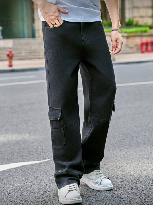 Manfinity Hypemode Pantalones vaqueros casuales rectos y sueltos con bolsillos cargo versátiles para hombres