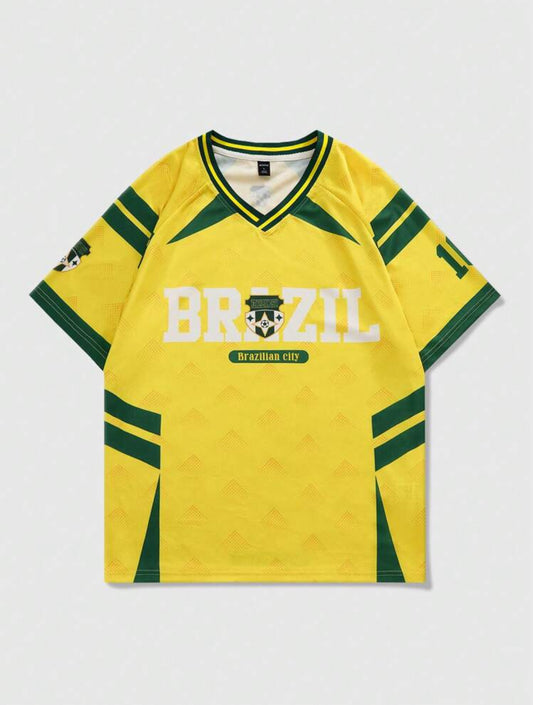 ROMWE MEN Street Life Camiseta deportiva de fútbol de manga corta con estampado de letras para hombres