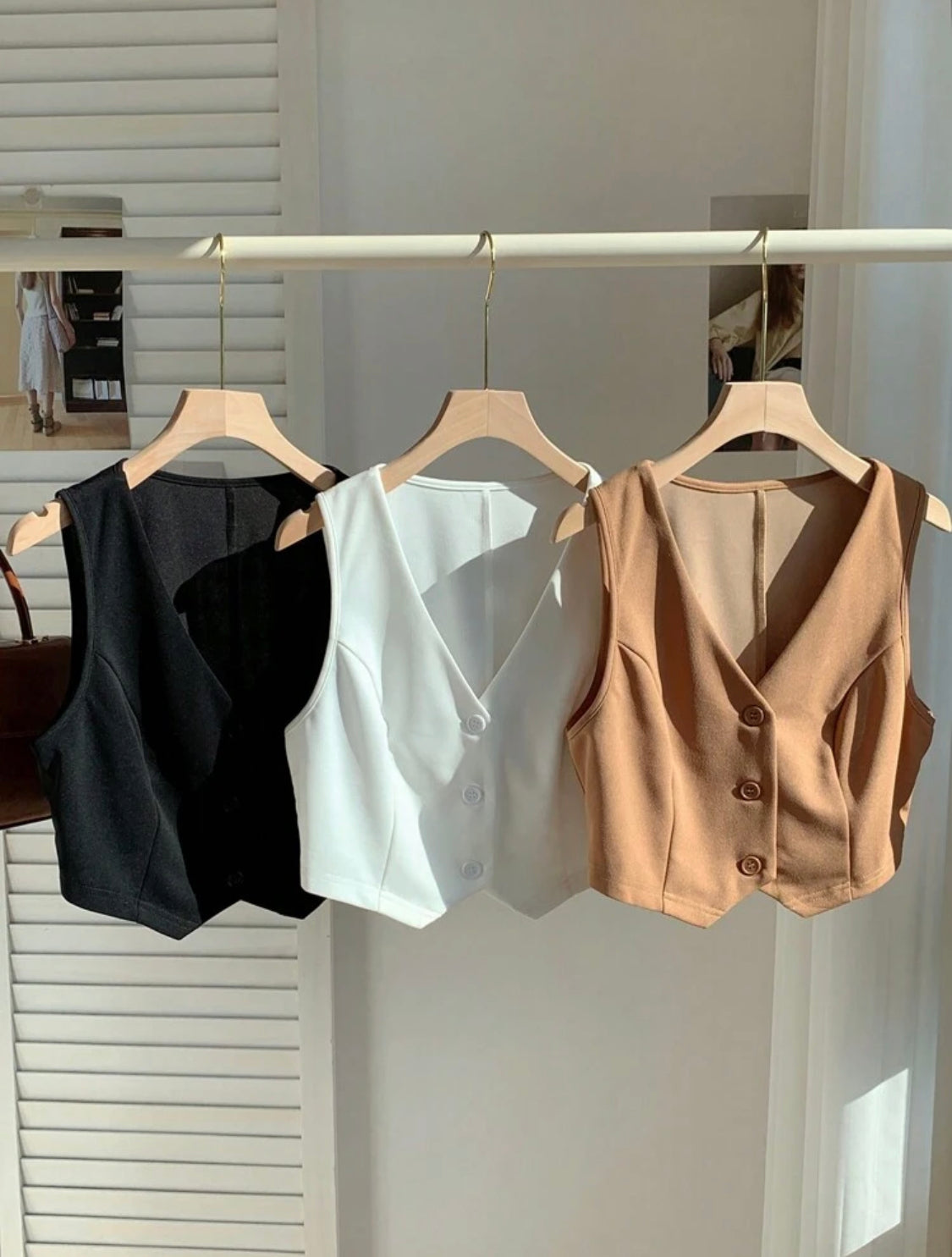 SHEIN Comfortcana 3 piezas/Conjunto de chaleco de verano de mujer de cuello en V sólido y de un solo botonadura (blazer)