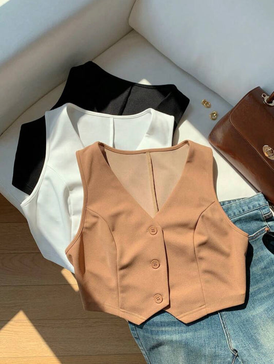 SHEIN Comfortcana 3 piezas/Conjunto de chaleco de verano de mujer de cuello en V sólido y de un solo botonadura (blazer)