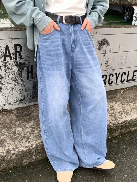 Manfinity Hypemode Pantalones vaqueros azul claro lavados de corte ancho y holgado para hombre, pantalones vaqueros azul real lisos y oversize, regalos para el esposo o novio