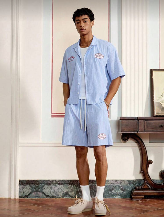 SWAVVY Set de 2 piezas de camisa casual de rayas tejida y pantalones cortos rectos de cintura elástica para hombres