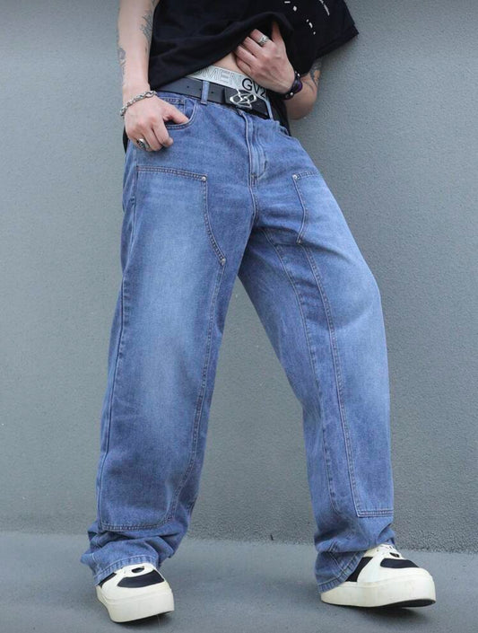 Manfinity LEGND Pantalones de mezclilla con botones y múltiples bolsillos para hombre, uso casual de todos los días