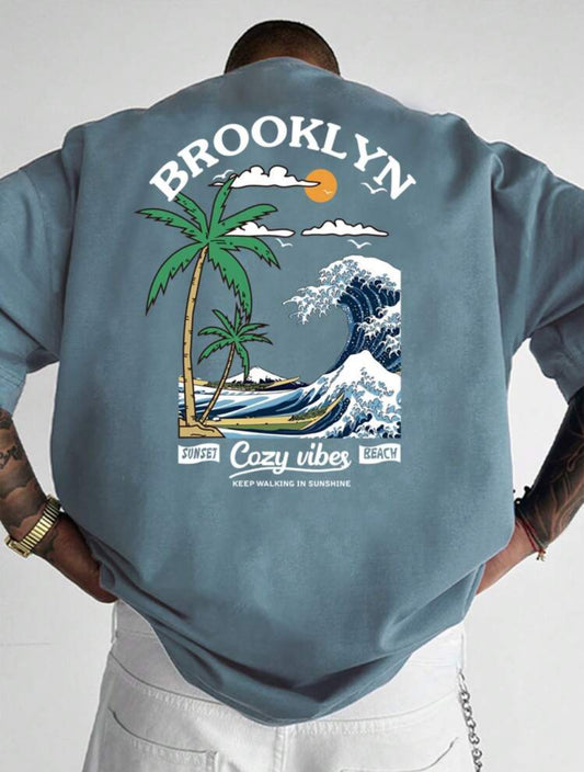 Remera Oversize Manfinity Hypemode Camiseta de manga corta casual de hombre con estampado tropical de palmeras y letras, para salir, regalo para el novio