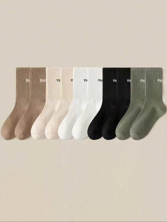 Pares / Set Calcetines A Media Pantorrilla Para Hombre De Color Sólido Con Detalles De Letras Y Talón