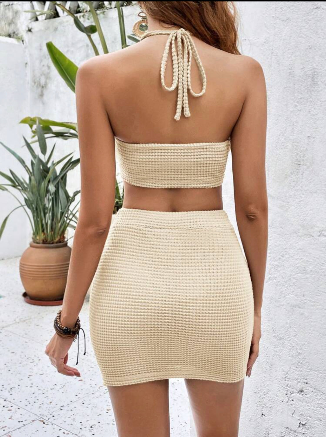 SHEIN VCAY Conjunto De Dos Piezas De Verano: Top Halter Sin Espalda Con Borlas Y Falda Ajustada Estilo Bohemio
