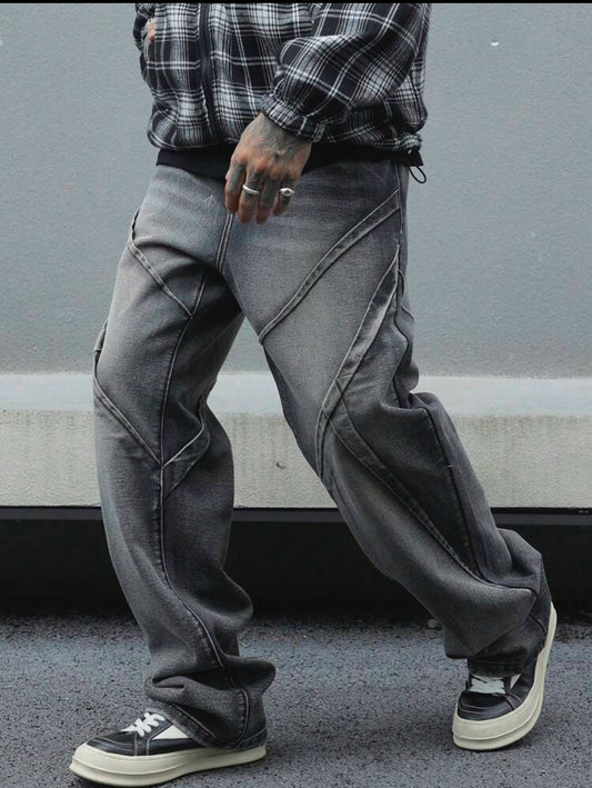 Manfinity LEGND Jeans rectos y relajados de corte casual para hombre con bolsillos, jeans largos y holgados lavados en gris oscuro liso, regalo para esposo o novio