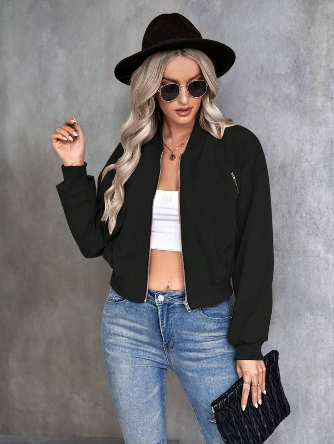 SHEIN ChicEase Chaqueta De Bombardero Con Cierre De Cremallera Y Color Sólido