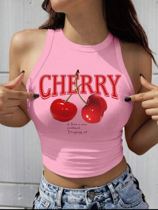SHEIN EZwear Top corto de tanque ajustado casual y sencillo con patrón de cerezas rosa para mujeres, adecuado para el verano. CEREZA Que tengas buen fin de semana. Voy a salir.