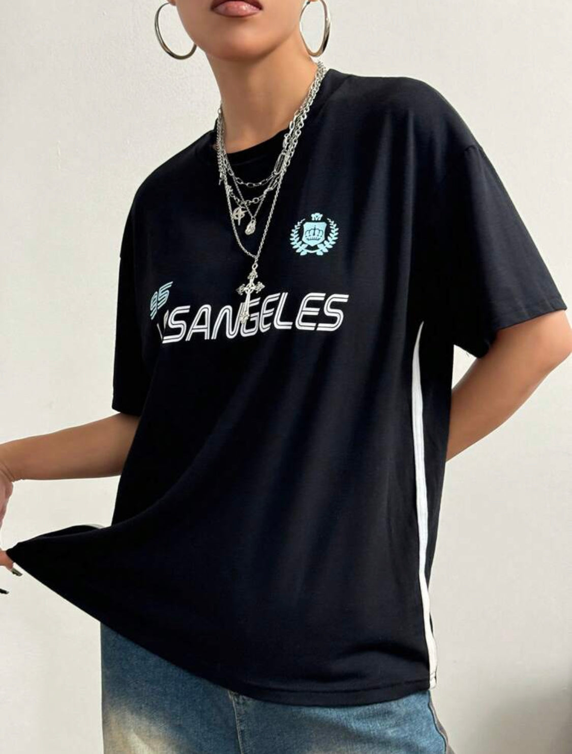 Remera Oversize SHEIN Camiseta casual de manga corta, cuello redondo, de corte suelto con estampado, costuras laterales y franjas contrastantes