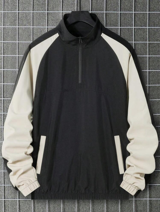 Manfinity EMRG Chaqueta de hombre con cuello alto, manga raglán y cremallera frontal, de corte holgado. Chaqueta ligera de béisbol de bloque de color de manga larga para salir con amigos, regalo para amigos, esposo o novio