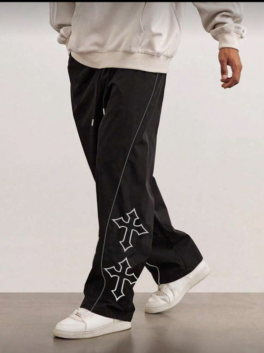 1 pieza Pantalones casuales con bordado de cruz para hombres, con cordón, ribete reflectante, adecuados para uso casual, playa, trabajo, entrenamiento