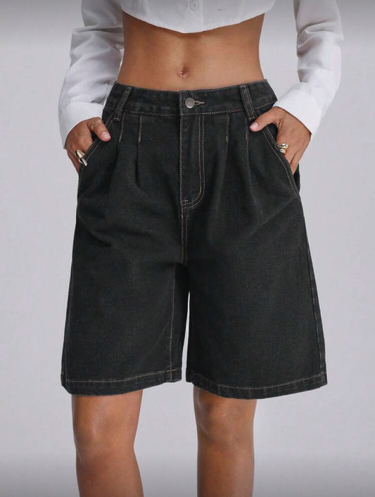 Forever 21 Pantalones cortos informales de cintura alta, plisados, sueltos, de pierna ancha, de tela vaporosa para otoño e invierno