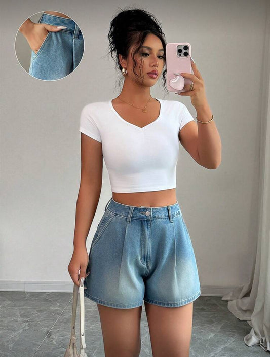 Elenzga Pantalones cortos de mezclilla sueltos, casuales y versátiles con bolsillos y pliegues para mujer