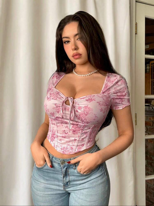 SHEIN Camiseta corta estampada con cordón frontal