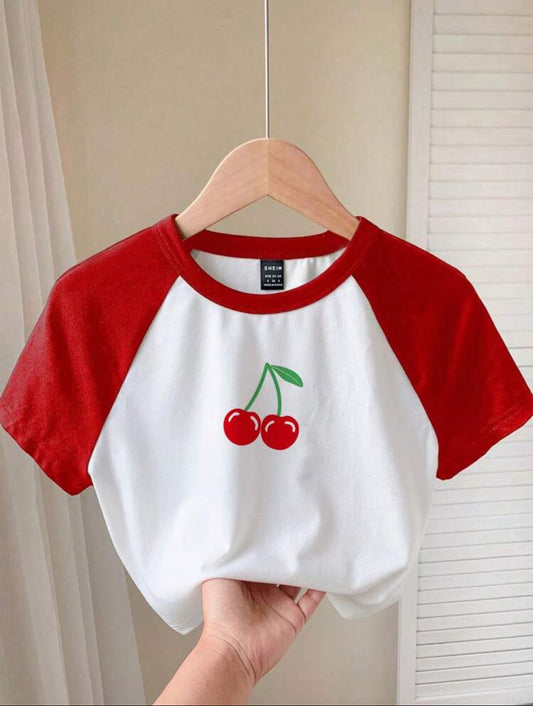 Divinelle Camiseta casual de cuello redondo, manga raglán corta y corta en rojo y blanco con estampado de cerezas, apropiada para el verano