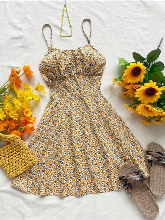 SHEIN WYWH Vestido de tirantes descubiertos estampado floral en veraniego estilo desenfadado con lazo para vacaciones de verano