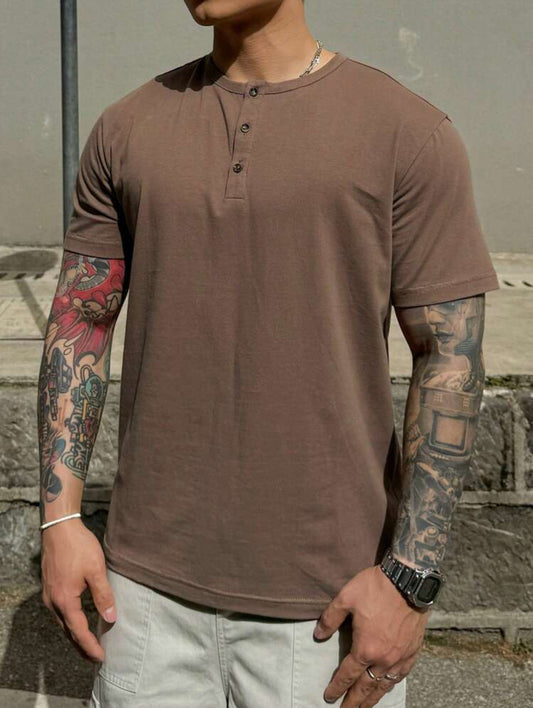 DAZY Camiseta casual de hombre para exteriores de color marrón sólido, de verano