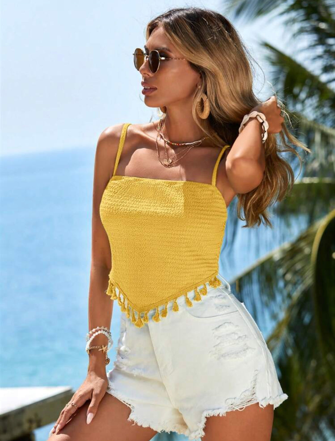 SHEIN VCAY Top tipo tanque de verano de una pieza con borde asimétrico con flecos, textura de burbuja uniforme