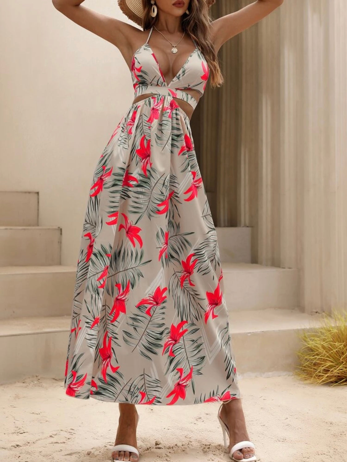 SHEIN Holidaya Vestido de muslo con abertura con estampado tropical de espalda abierta con nudo de cuello halter