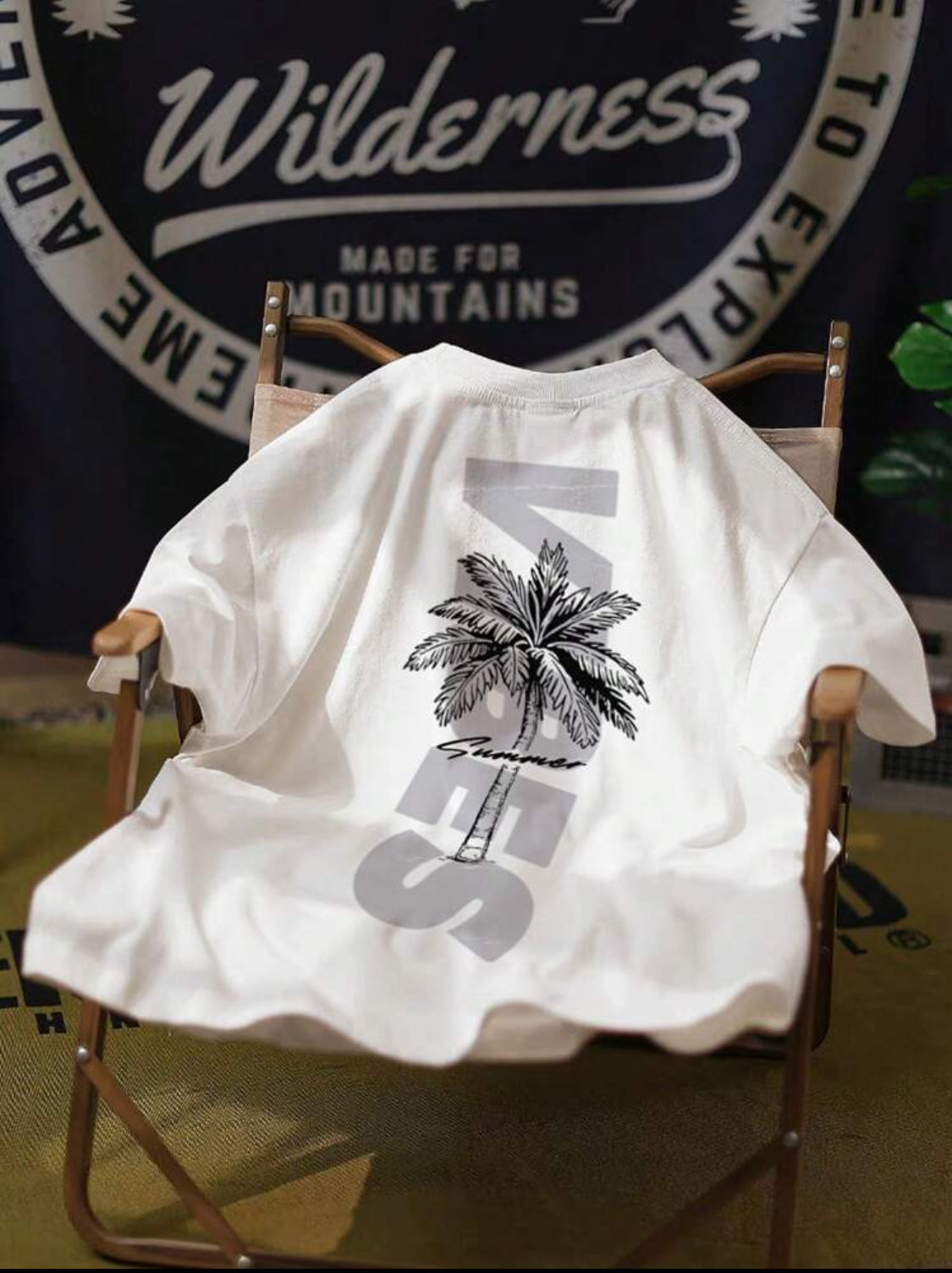 Remera Oversize Manfinity Chillmode Camiseta casual de manga corta con cuello redondo, estampado gráfico de árbol de palma y texto para hombres en verano, regalo para novio, para salir