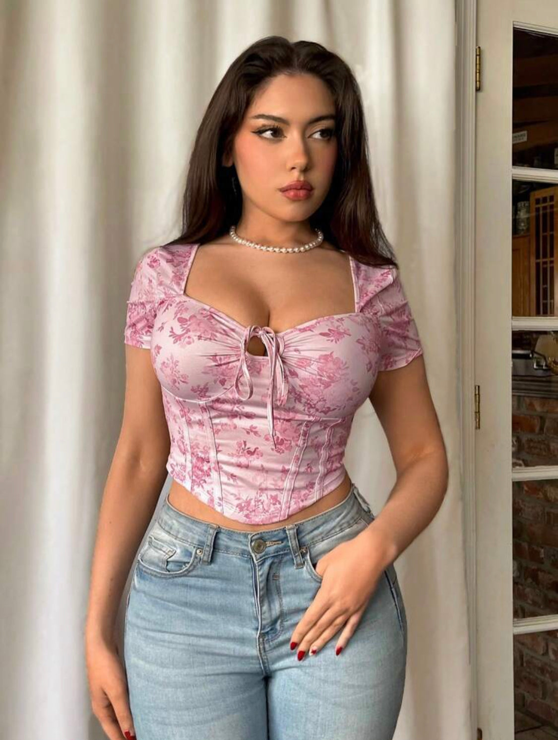 SHEIN Camiseta corta estampada con cordón frontal