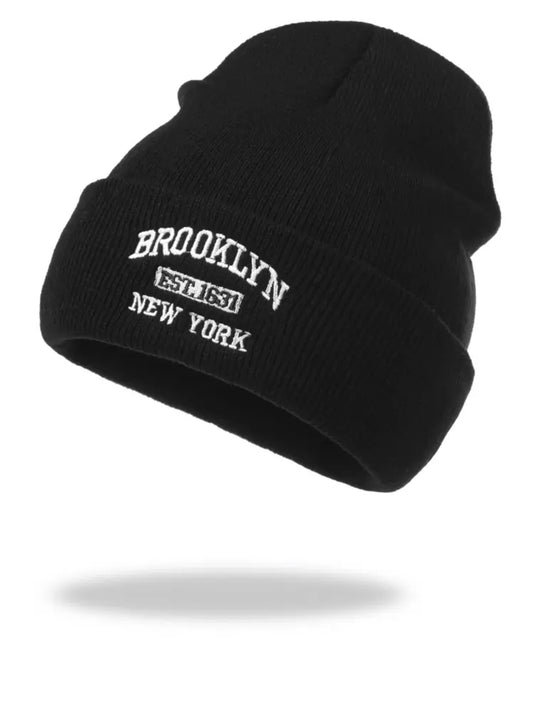 1 pieza Sombrero de punto con detalle fino y estampado de la letra Brooklyn, de moda para mujeres, versátil para invierno y otoño