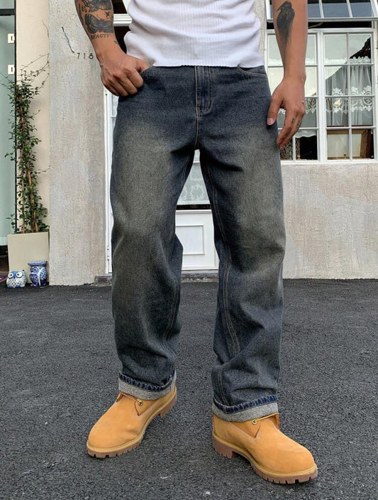 DAZY Pantalones vaqueros rectos informales para hombre con presillas para cinturón y bolsillos, unicolor, otoño