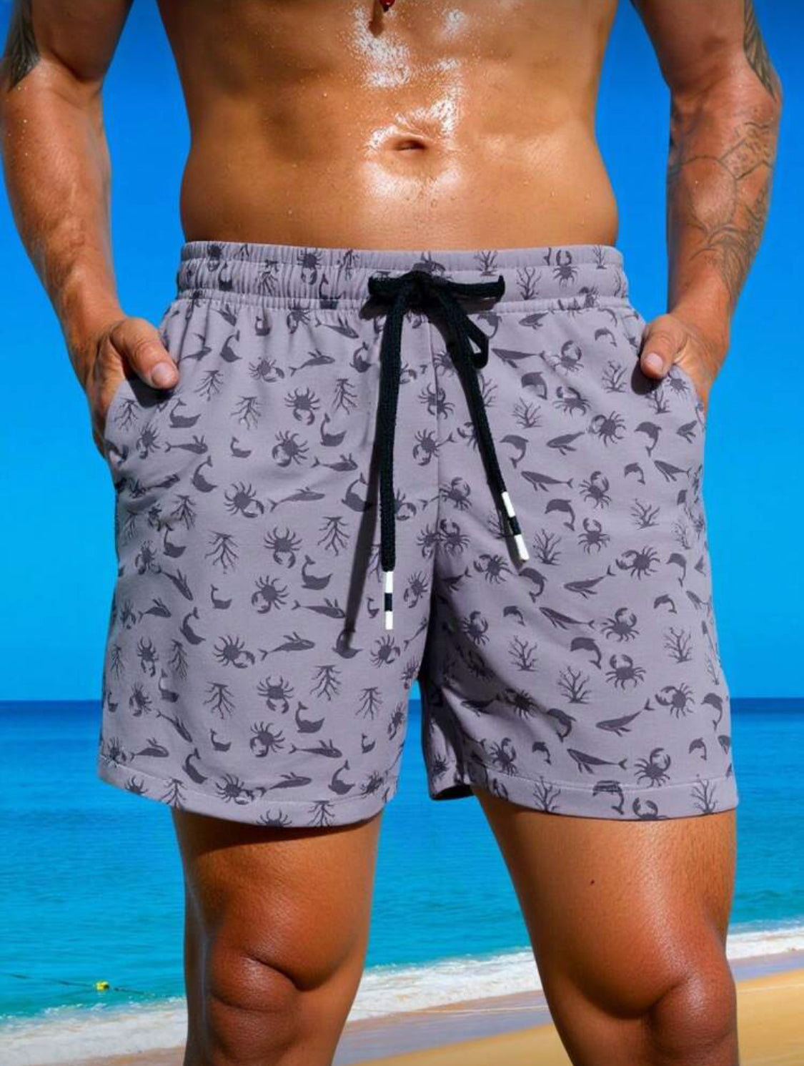 Manfinity Swimmode Pantalones cortos de playa con estampado total para vacaciones, ropa de playa para hombres, trajes de pantalones cortos de playa, ropa de playa, ropa de playa casual para exteriores, pantalones cortos de playa hawaianos