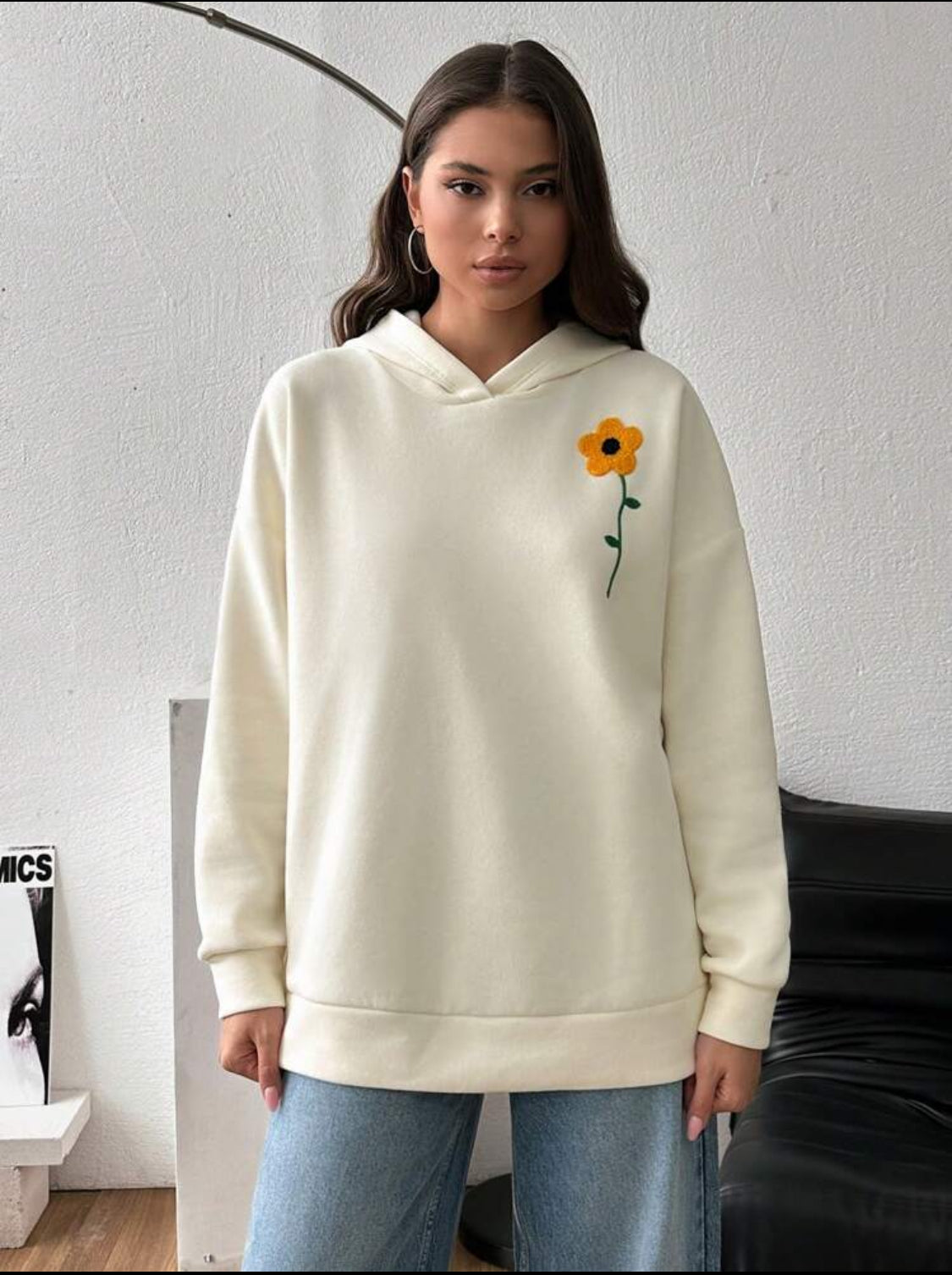 Cottnline Sudadera oversize de algodón BEIGE CON DETALLES BORDADOS