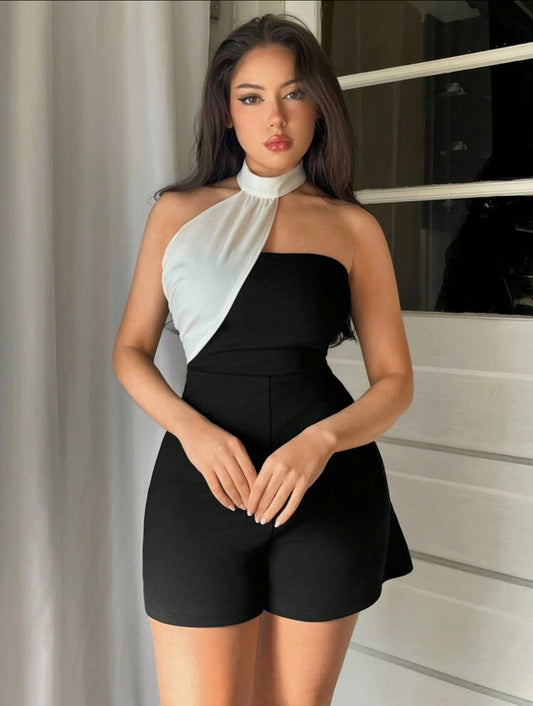 SHEIN Privé Monos ajustados de verano para mujeres con diseño elegante de color contrastante y cintura con halter ajustable