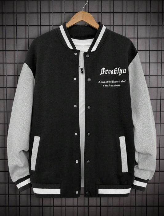 Chaqueta de béisbol de algodón para hombres con mangas de contraste y letras inglesas impresas