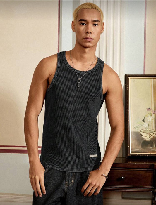 SWAVVY Camiseta sin mangas de cuello redondo de algodón negro salpicado ligera y informal para hombre, verano