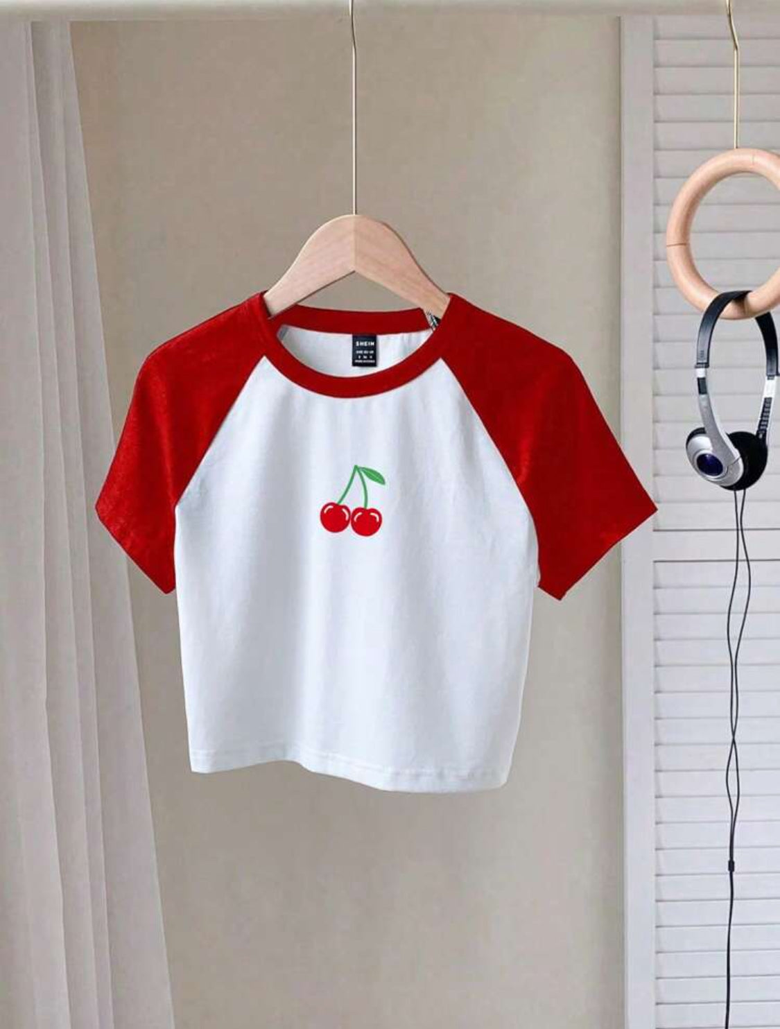 Divinelle Camiseta casual de cuello redondo, manga raglán corta y corta en rojo y blanco con estampado de cerezas, apropiada para el verano