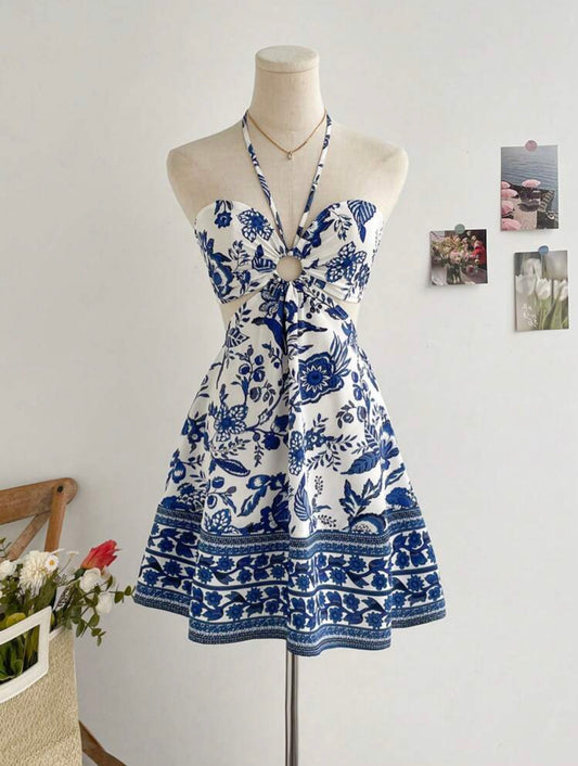 SHEIN WYWH Vestido romántico de vacaciones casuales, azul y blanco, con estampado de flores, cuello halter, cintura ajustada y escote hueco para mujeres