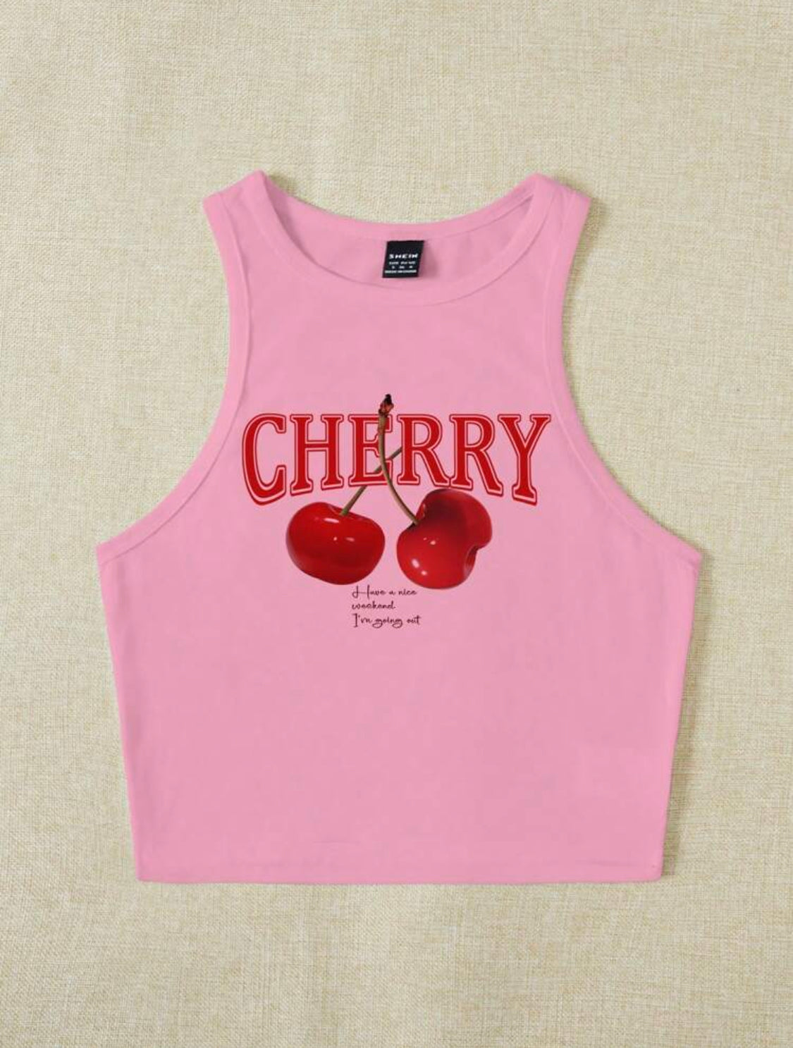 SHEIN EZwear Top corto de tanque ajustado casual y sencillo con patrón de cerezas rosa para mujeres, adecuado para el verano. CEREZA Que tengas buen fin de semana. Voy a salir.